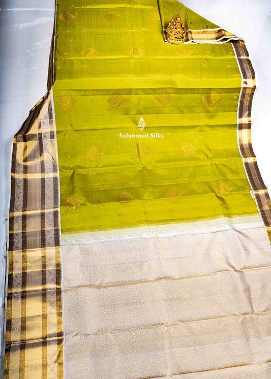 Kanjivaram Manthulir Yellow Pure Silk Saree With Half White Border