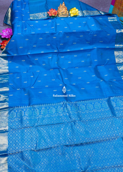 Kanjivaram Peacock Blue Pure Silk Saree With Gold Zari Border