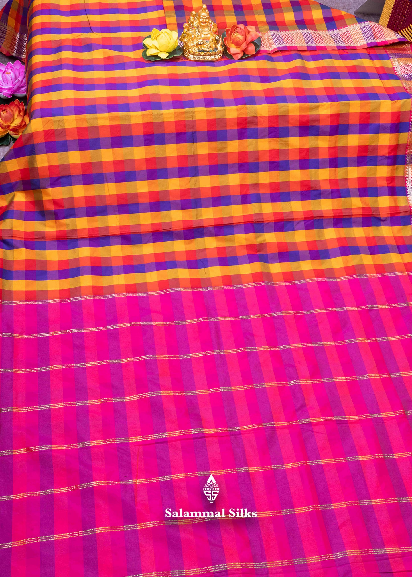 Paalum Pazham Checks 9 Yards Semi Silk Saree with Gold Zari (3 Inch) Border