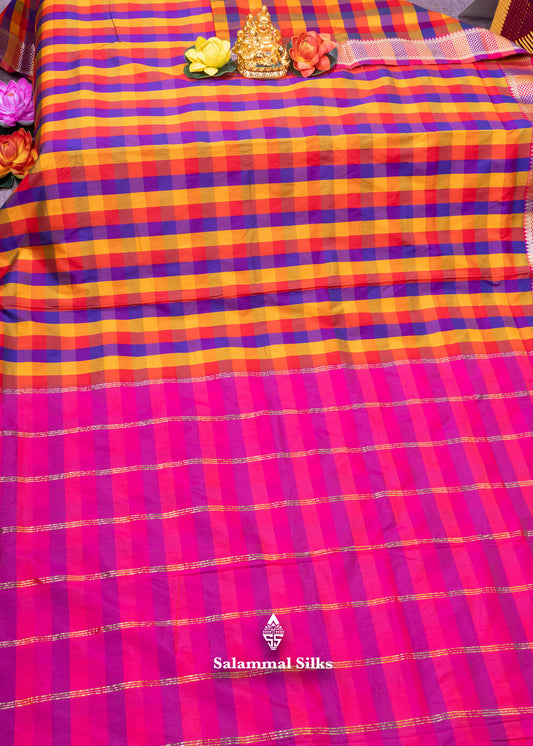 Paalum Pazham Checks 9 Yards Semi Silk Saree with Gold Zari (3 Inch) Border