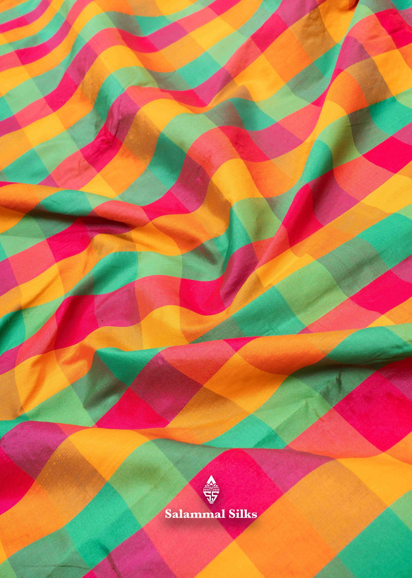 Paalum Pazham Checks 9 Yards Semi Silk Saree with Gold Zari (3 Inch) Border