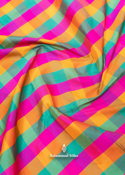 Paalum Pazham Checks 9 Yards Semi Silk Saree with Gold Zari (3 Inch) Border