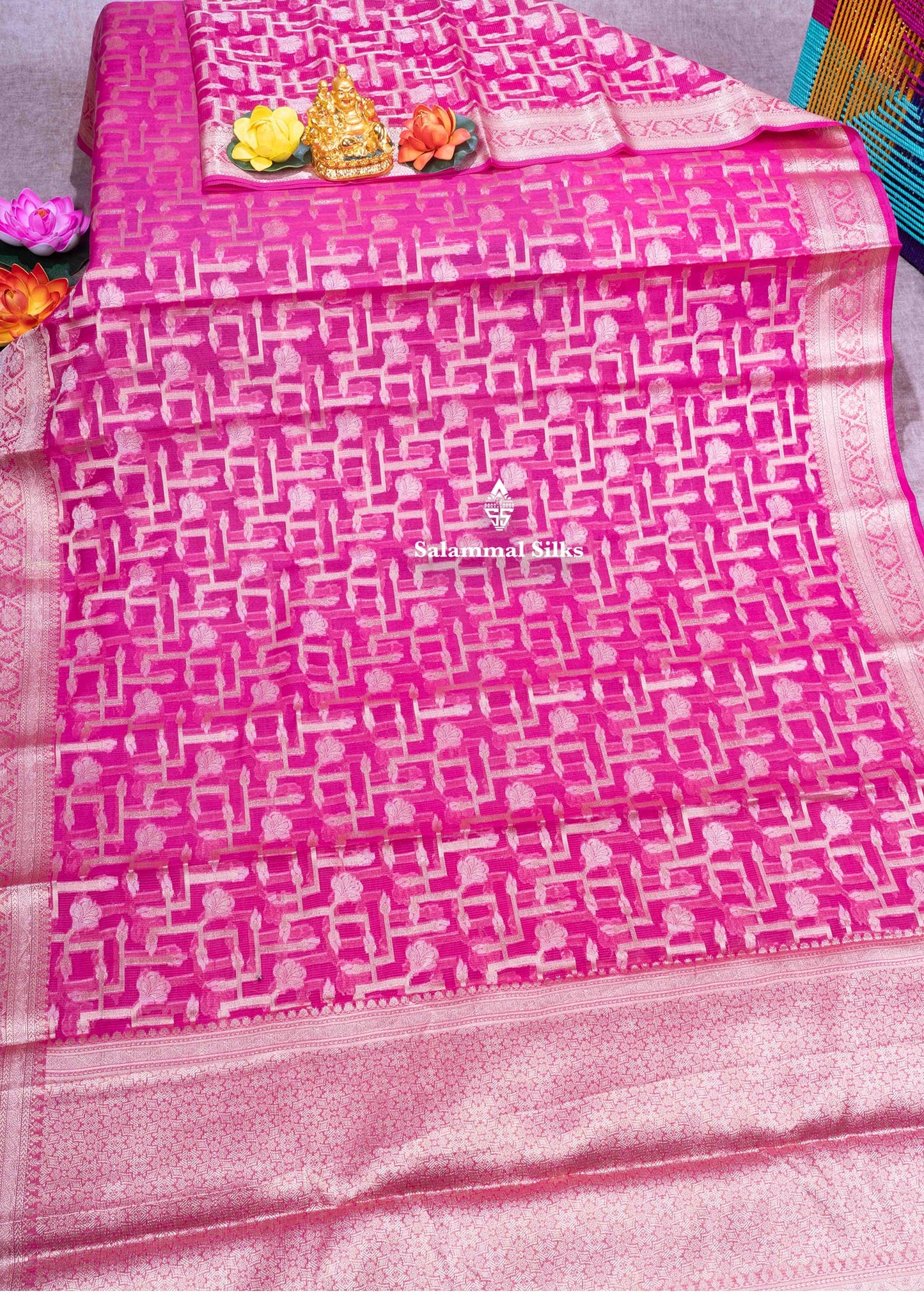 Pink Colour Kota Cotton Saree With Grand Blouse