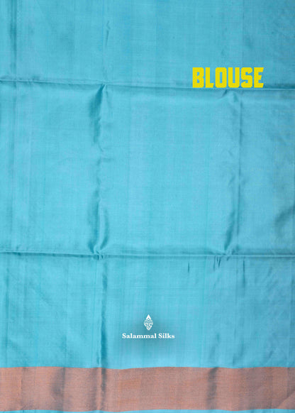 Kanjivaram Peach Colour Pure Soft Silk Saree With Sapphire Blue Blouse