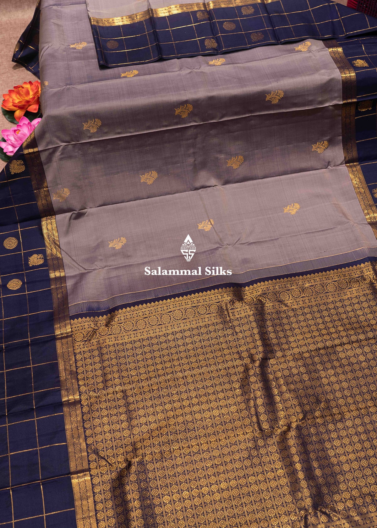 Grey Colour Kanjivaram Pure Silk Saree With Navy Blue Traditional Checks Border