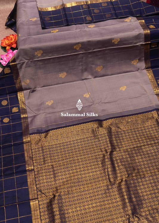 Grey Colour Kanjivaram Pure Silk Saree With Navy Blue Traditional Checks Border