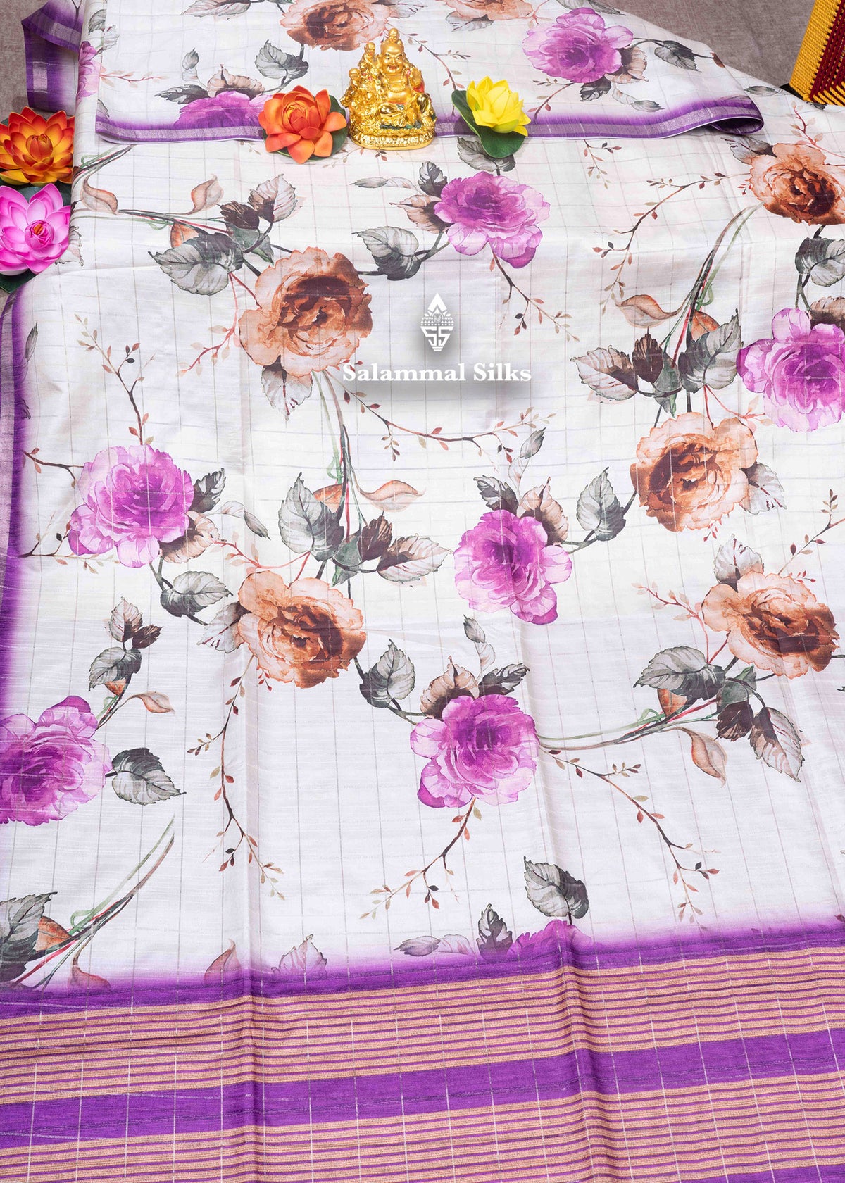 Cream Colour Semi Tussar Saree With Floral Prints & Zari Checks
