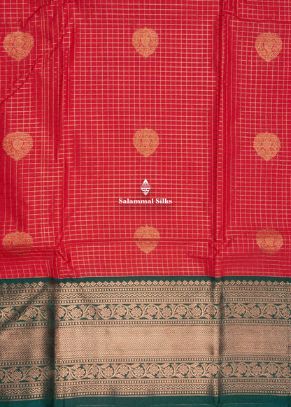 Chilly Red Colour Semi Silk Saree With Copper Zari Bottle Green Border