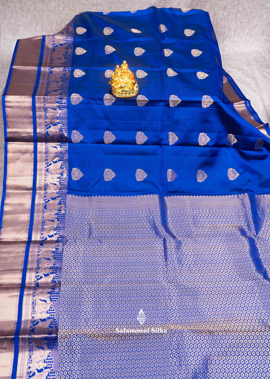 Ink Blue Pure Kanjivaram Silk Saree with Pallakku Border and with Blouse