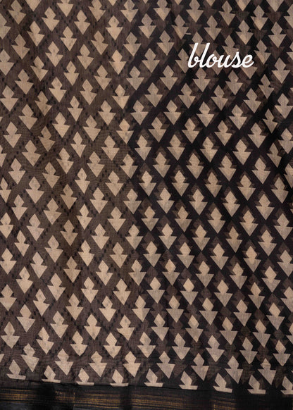 Sandal Colour Ikkat Print Linen Mix Saree With Black Blouse