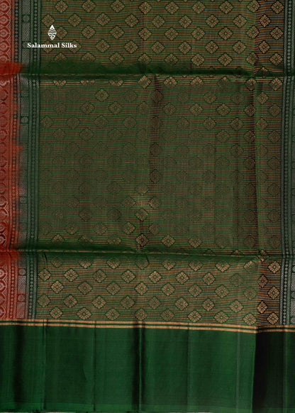 Pinkish Orange Pure Kanjivaram Soft Silk Saree With Bottle Green Border