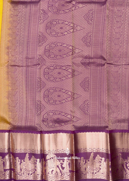 Yellow Color Kanjivaram Pure Silk Saree with Pallakku Fancy Border and Maroon Blouse