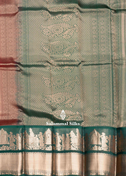Red Color Kanjivaram Pure Silk Saree with Contrast Green Pallakku Fancy Border