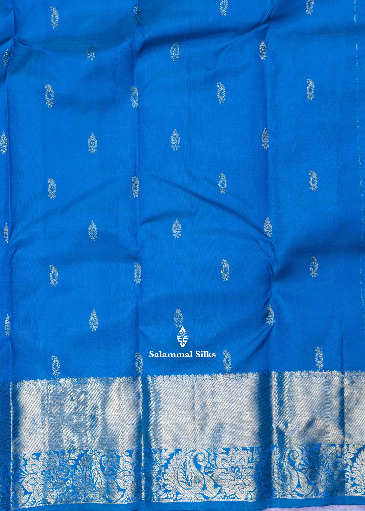 Kanjivaram Peacock Blue Pure Silk Saree With Gold Zari Border