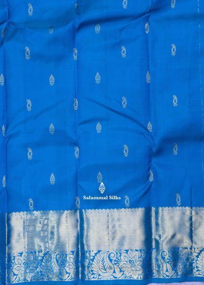 Kanjivaram Peacock Blue Pure Silk Saree With Gold Zari Border