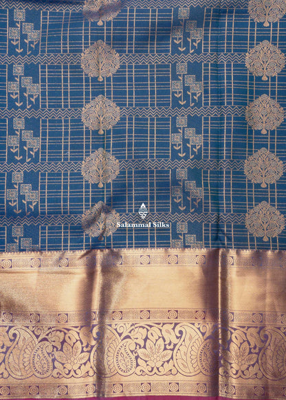 Olive Blue Semi Silk Saree With Copper Zari Border