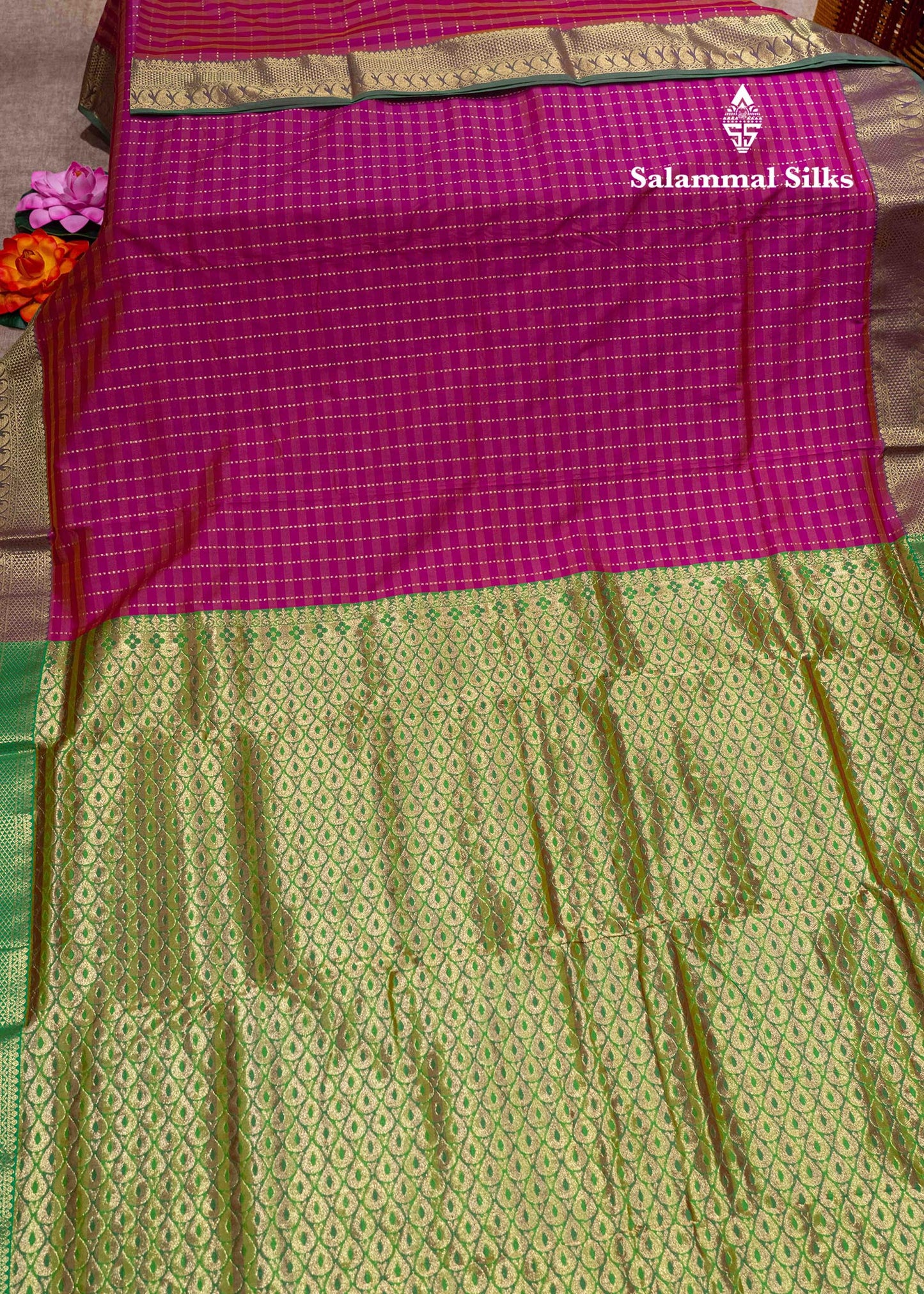 9 Yards Semi Silk Saree Maroon & Brown Colour with Green Border