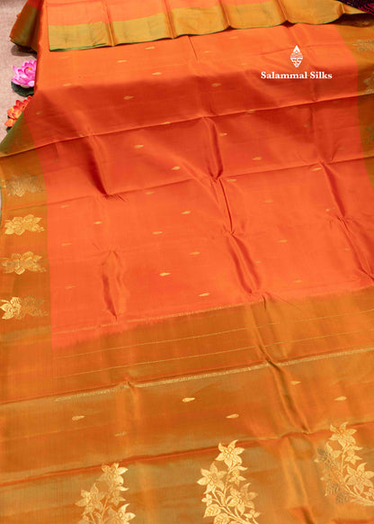 Orange Shade Pure Kanjivaram Silk Saree With Fancy Green Border