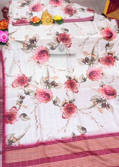 Cream Colour Semi Tussar Saree With Floral Prints & Zari Checks