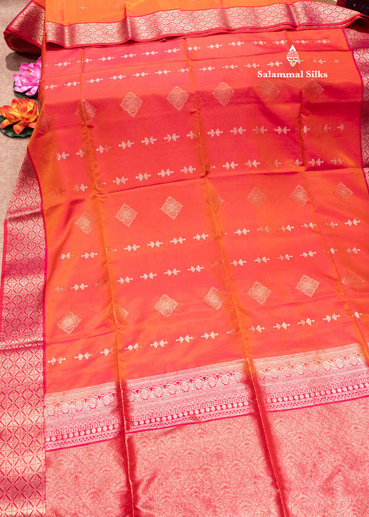 Pinkish Orange Colour Pure Kanjivaram Soft Silk Saree With Pink Border