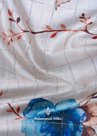 Cream Colour Semi Tussar Saree With Floral Prints & Zari Checks