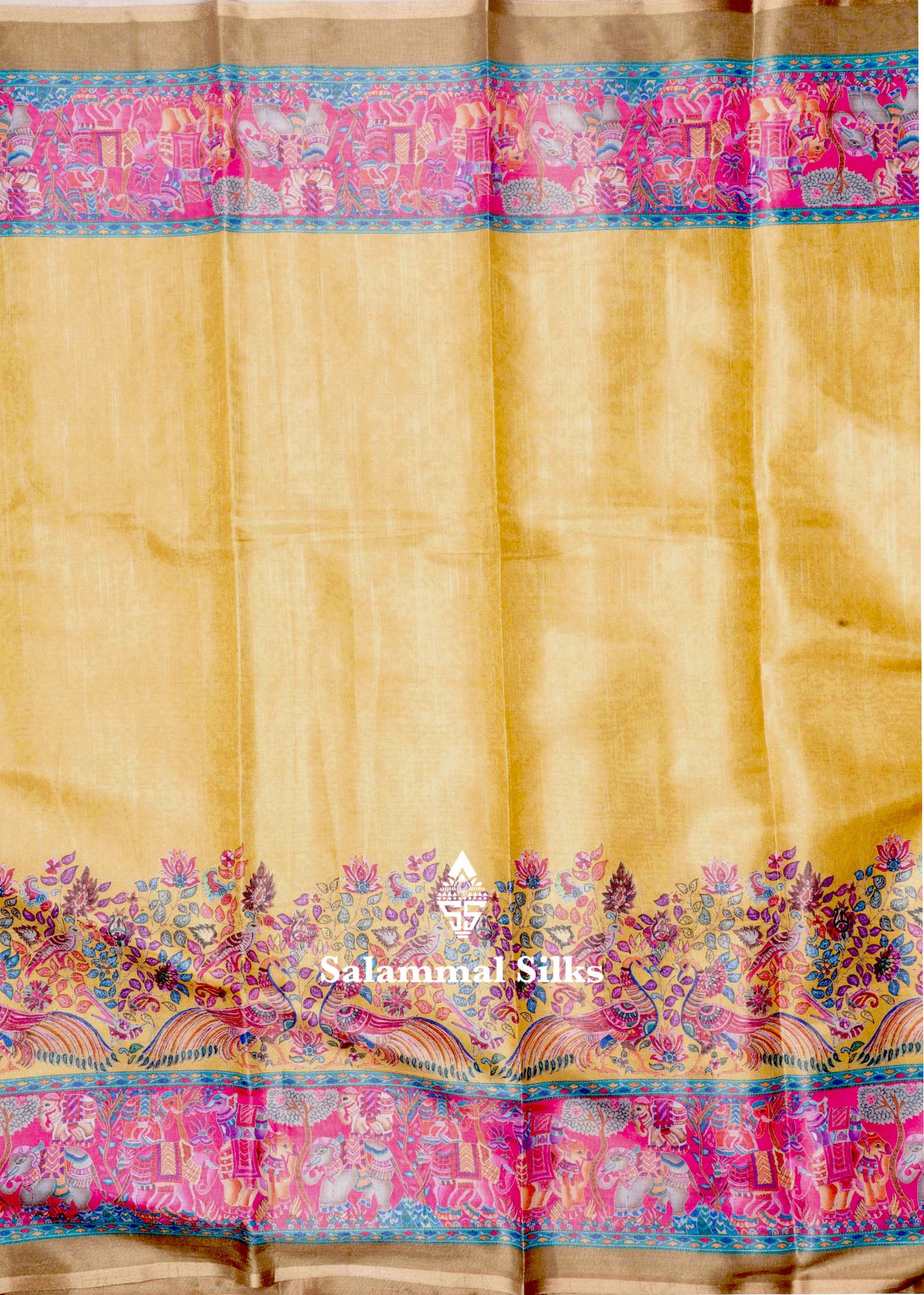 Mustard Yellow Beautiful Kalamkari Tissue Fancy Saree With Blouse