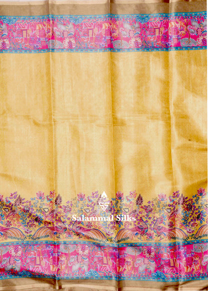 Mustard Yellow Beautiful Kalamkari Tissue Fancy Saree With Blouse
