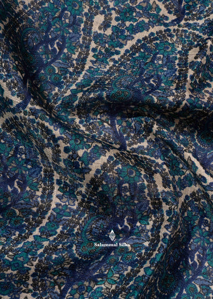 Ink Blue Colour Floral Design Semi Tussar Saree With Blouse