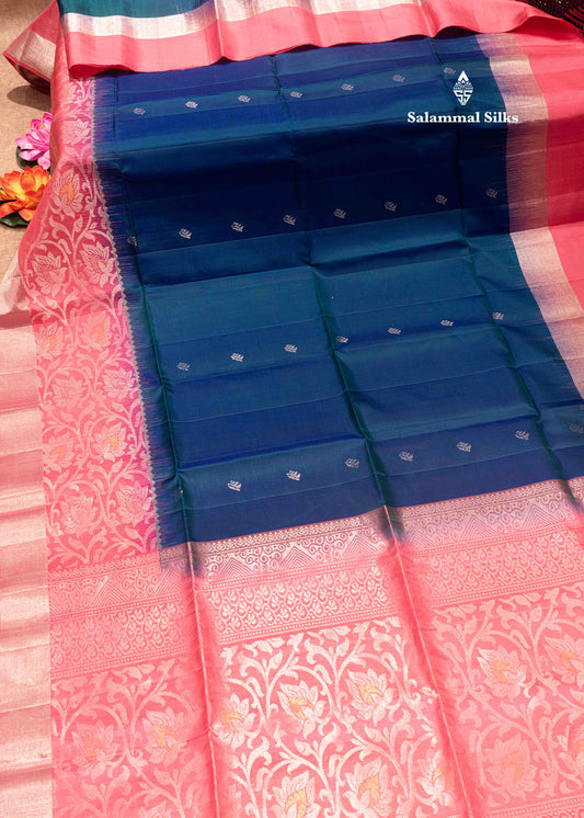 Peacock Blue Pure Kanjivaram Soft Silk Saree With Silver Zari Fancy Border