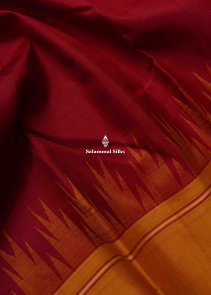 Kanjivaram Maroon Pure Silk Saree With Mustard Yellow Traditional Temple Border