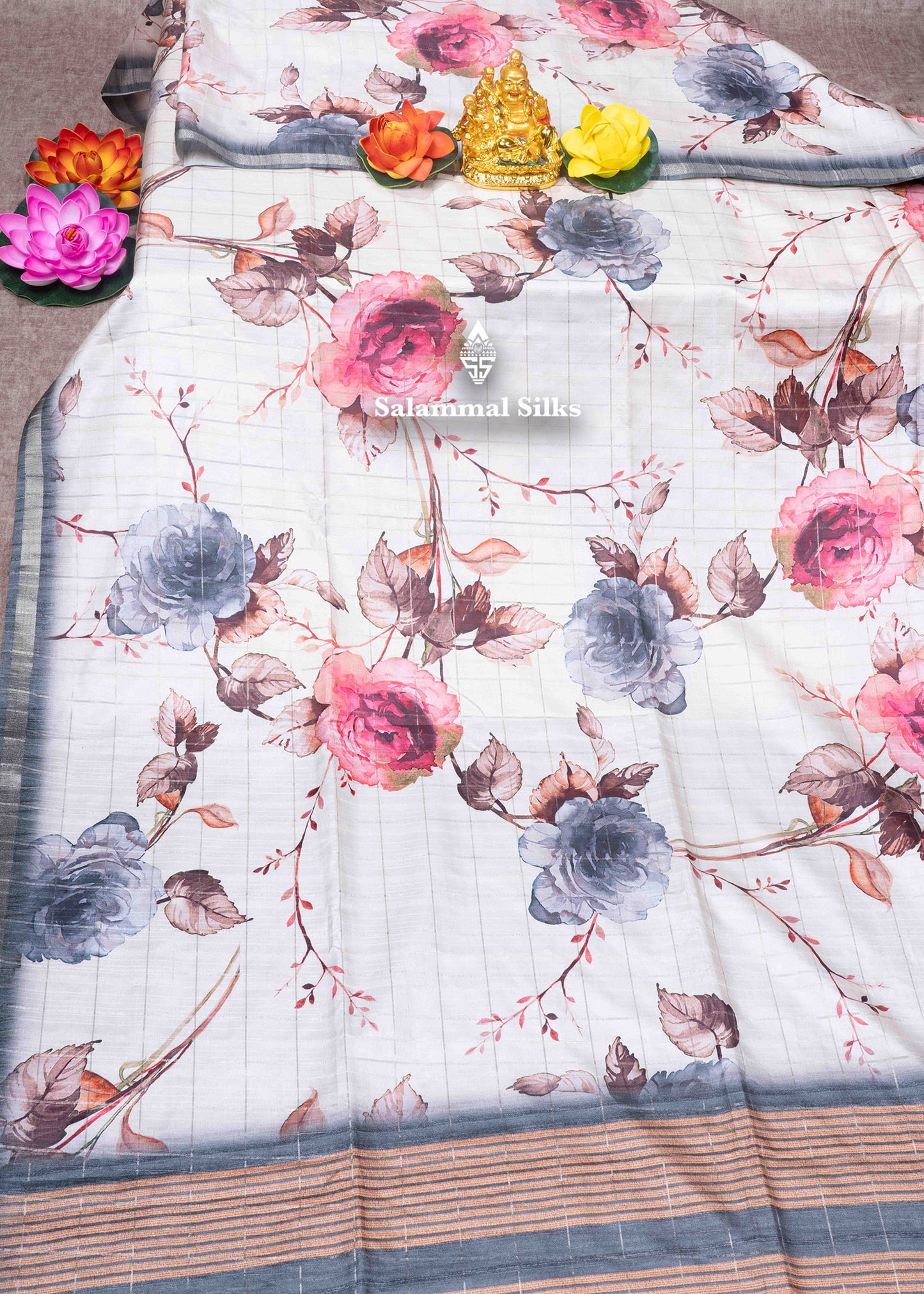 Cream Colour Semi Tussar Saree With Floral Prints & Zari Checks