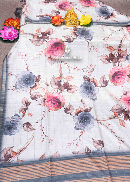 Cream Colour Semi Tussar Saree With Floral Prints & Zari Checks