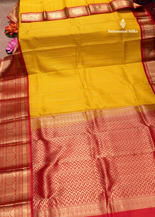 Yellow Colour Pure Kanjivaram Silk Saree With Red Border