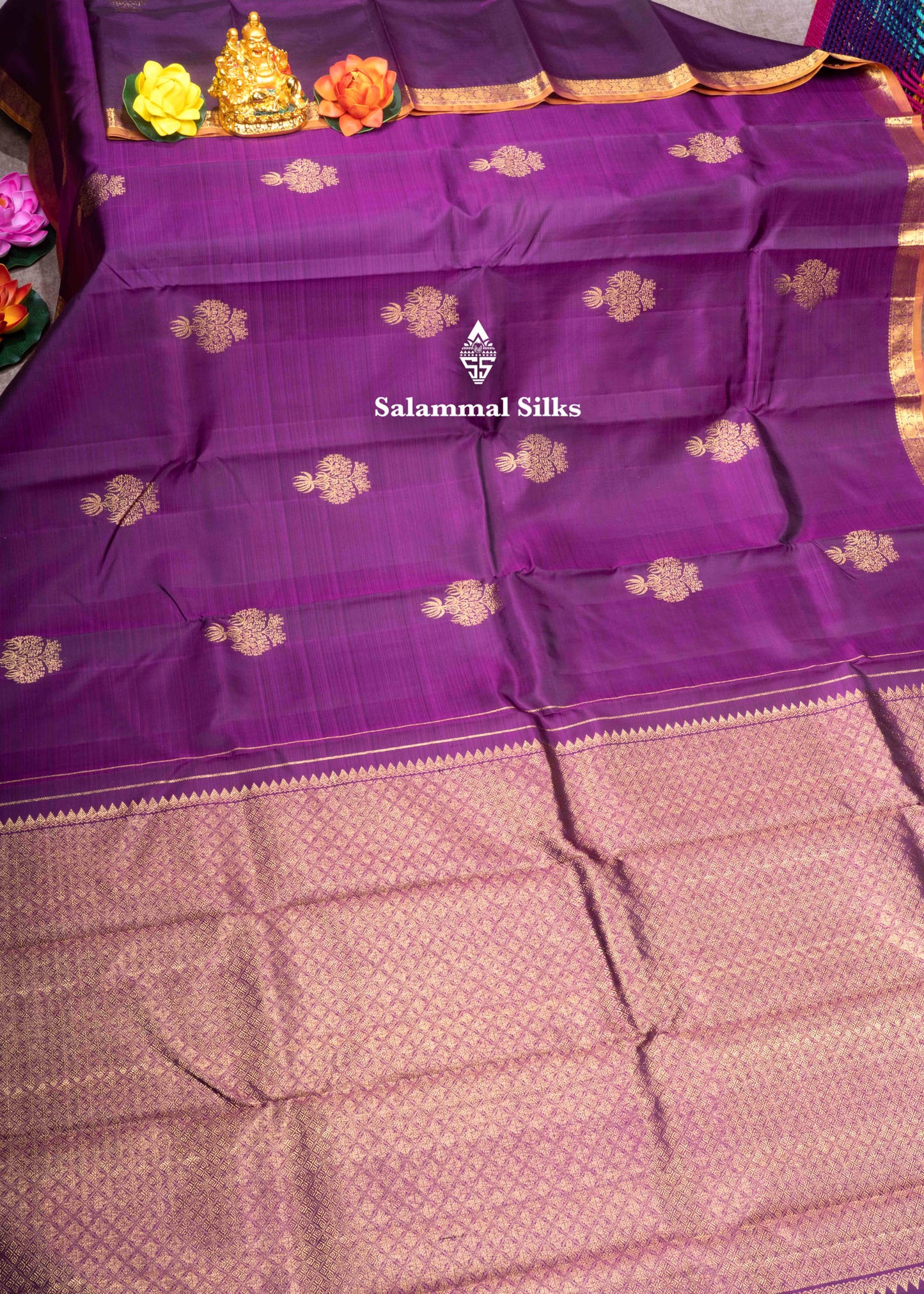 Kanjivaram Violet Pure Silk Saree With Gold Zari Small Border