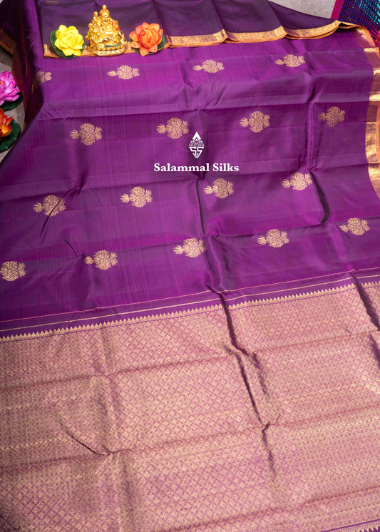 Kanjivaram Violet Pure Silk Saree With Gold Zari Small Border