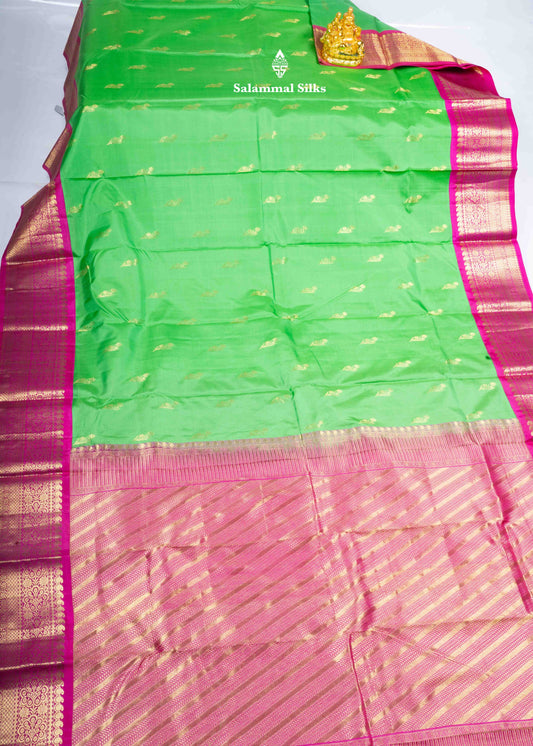 Kanjivaram Pure Silk Saree Parrot Green With Magenta Pink Blouse
