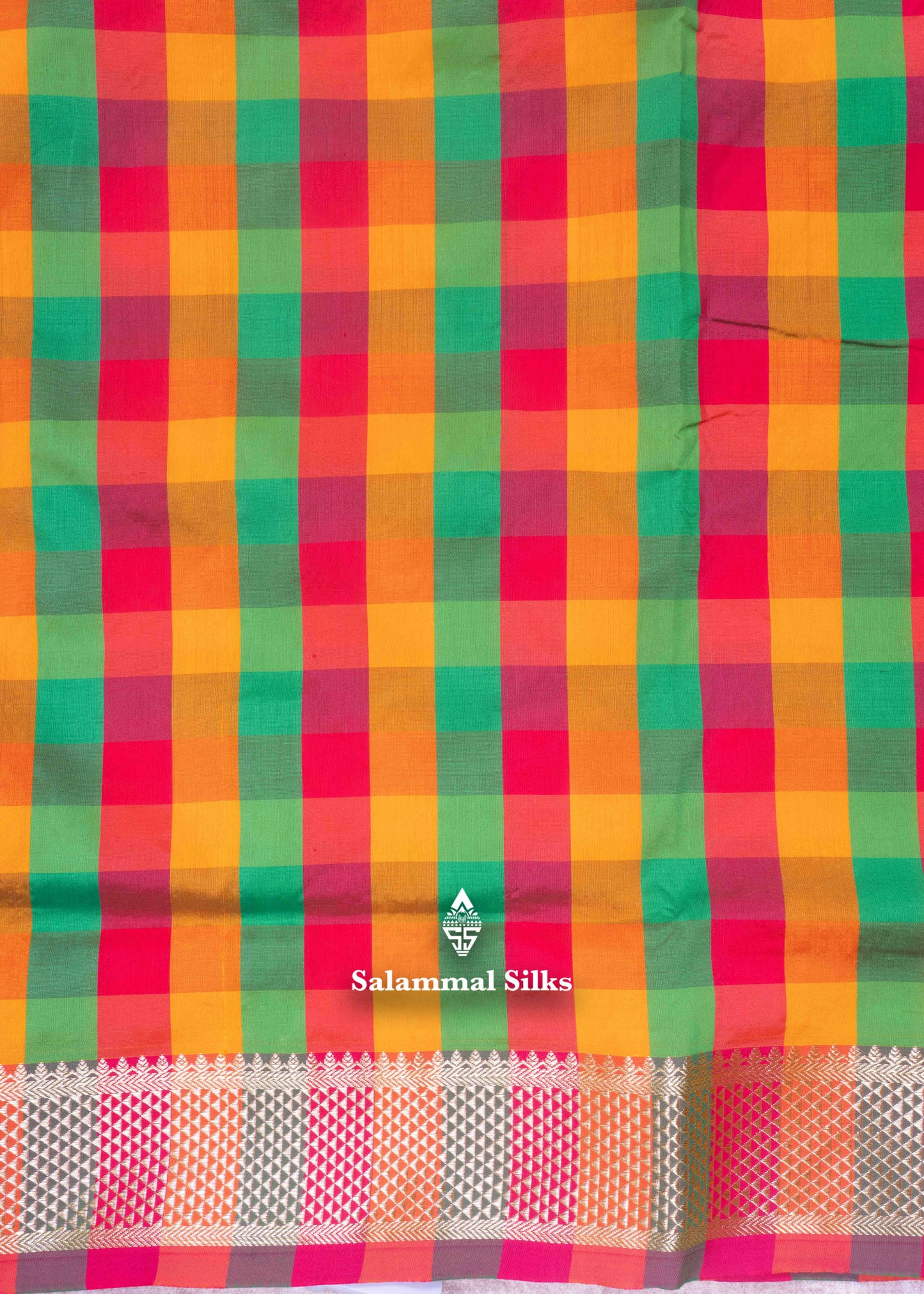 Paalum Pazham Checks 9 Yards Semi Silk Saree with Gold Zari (3 Inch) Border