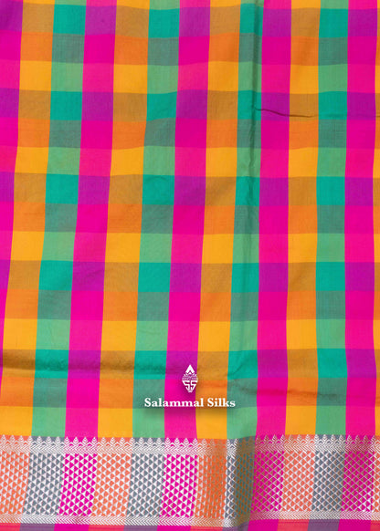 Paalum Pazham Checks 9 Yards Semi Silk Saree with Gold Zari (3 Inch) Border
