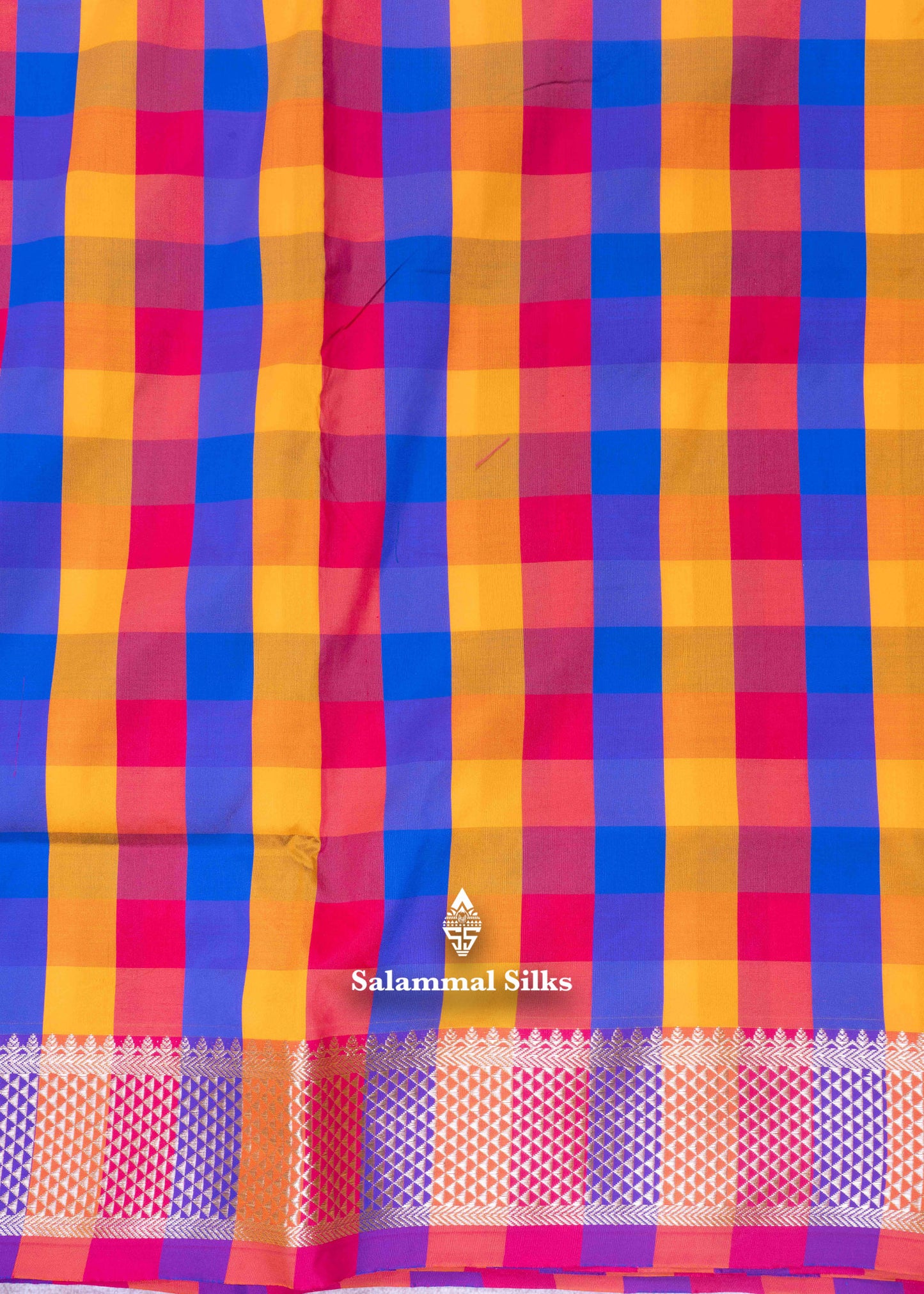 Paalum Pazham Checks 9 Yards Semi Silk Saree with Gold Zari (3 Inch) Border