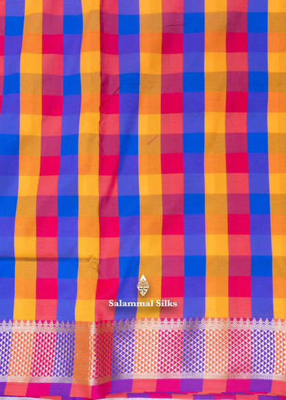 Paalum Pazham Checks 9 Yards Semi Silk Saree with Gold Zari (3 Inch) Border