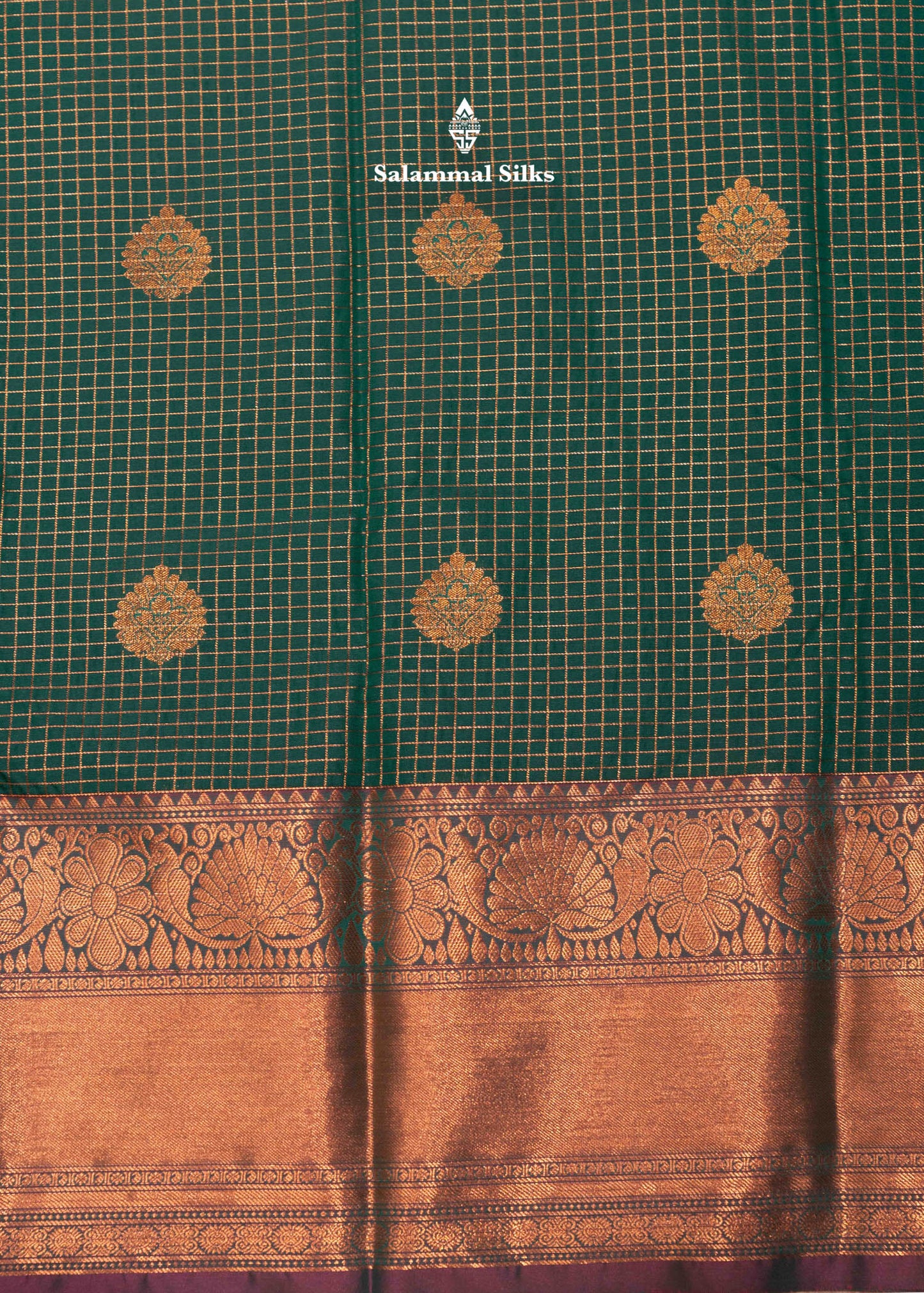 Bottle Green Colour Small Checks Semi Silk Saree With Copper Zari Border