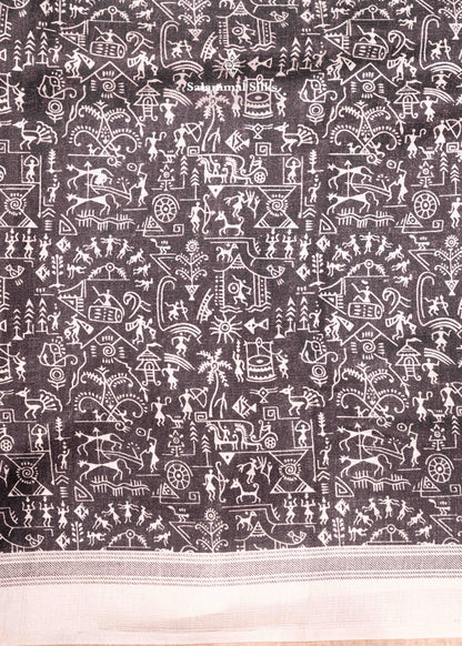 Black Colour Fancy Semi Tussar Saree With Cream Border