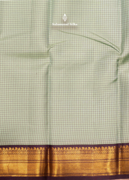 Light Green Colour Small Checks Kanjivaram Pure Silk Saree With Violet Small Size Border