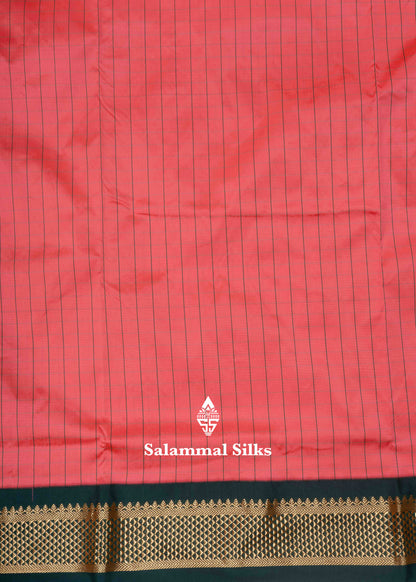 9 Yards Semi Silk Saree Peach Pink Colour with Bottle Green Border
