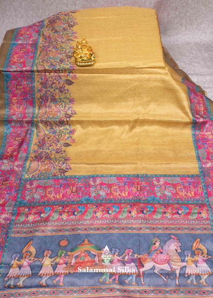 Mustard Yellow Beautiful Kalamkari Tissue Fancy Saree With Blouse