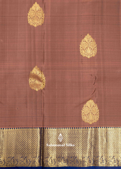 Olive Brown Colour Kanjivaram Pure Silk Saree With Royal Blue Traditional Border