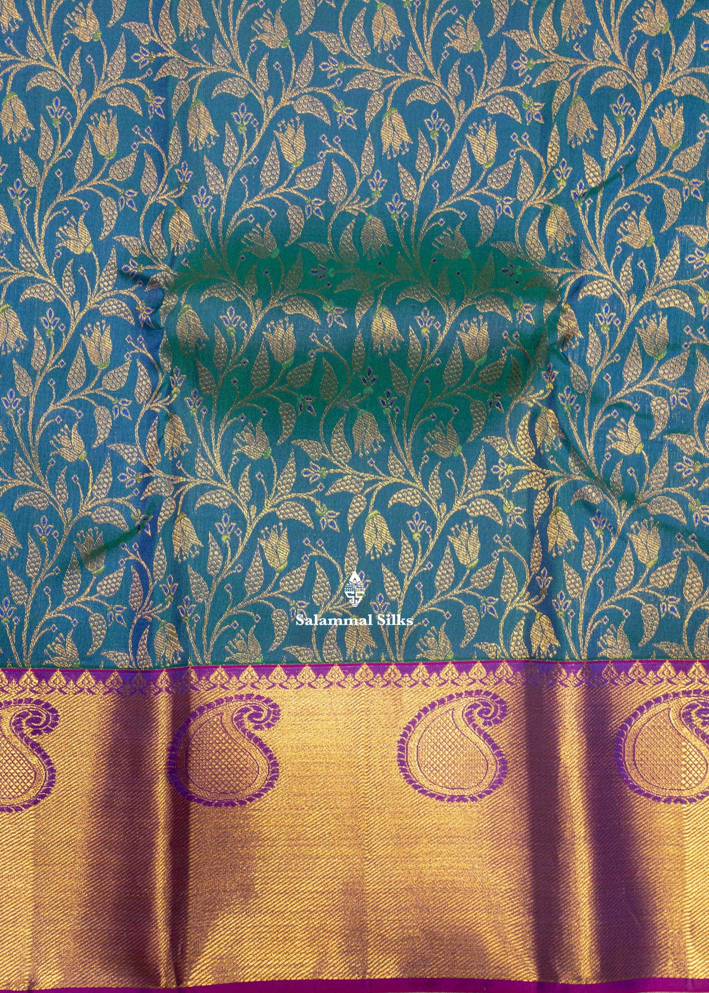 Peacock Green Colour Kanjivaram Pure Silk Saree with Violet Gold Zari Border