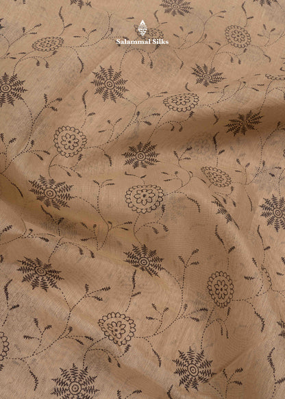 Sandal Colour Floral Print Linen Mix Saree With Black Blouse