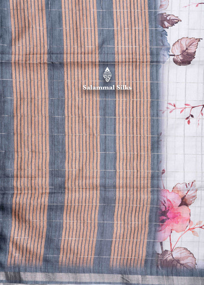 Cream Colour Semi Tussar Saree With Floral Prints & Zari Checks