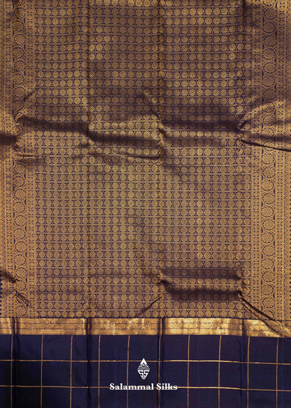 Grey Colour Kanjivaram Pure Silk Saree With Navy Blue Traditional Checks Border